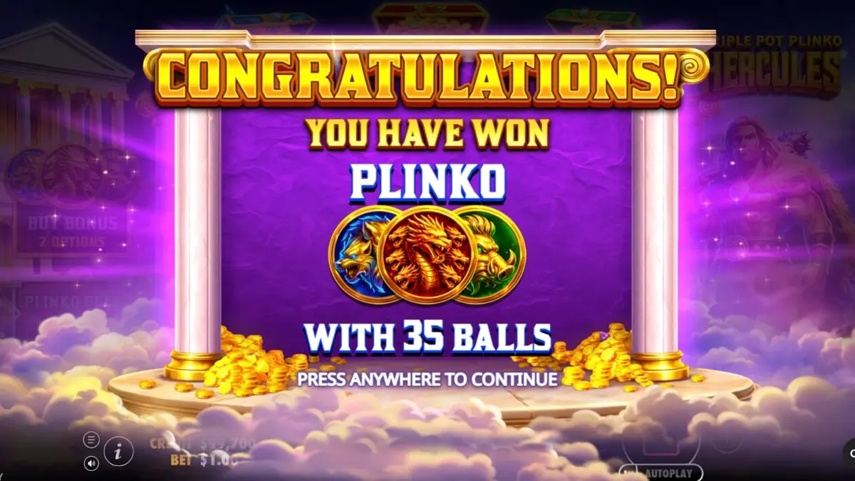 Tampilan visual slot Triple Pot Plinko – Hercules dengan latar belakang Gunung Olympus