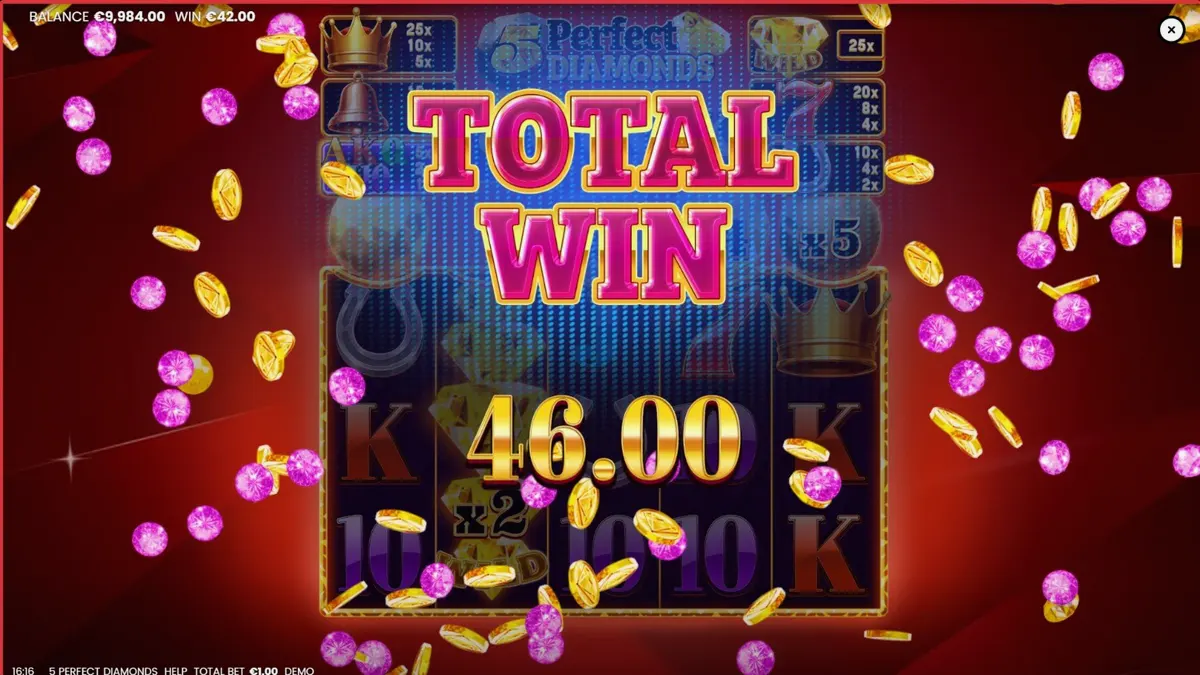 Tampilan visual mesin slot 5 Perfect Diamonds dengan latar belakang merah dan simbol berlian.
